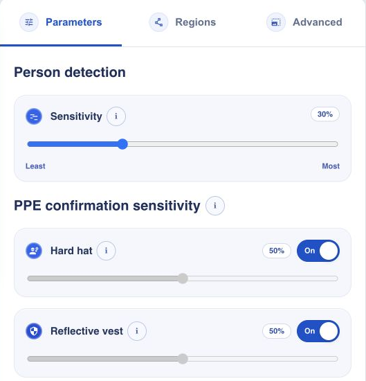 Ovládací prvky Parameters aplikace PPE Vision pro detekci osob a citlivost přileb a reflexních vest s ukázkovými hodnotami.