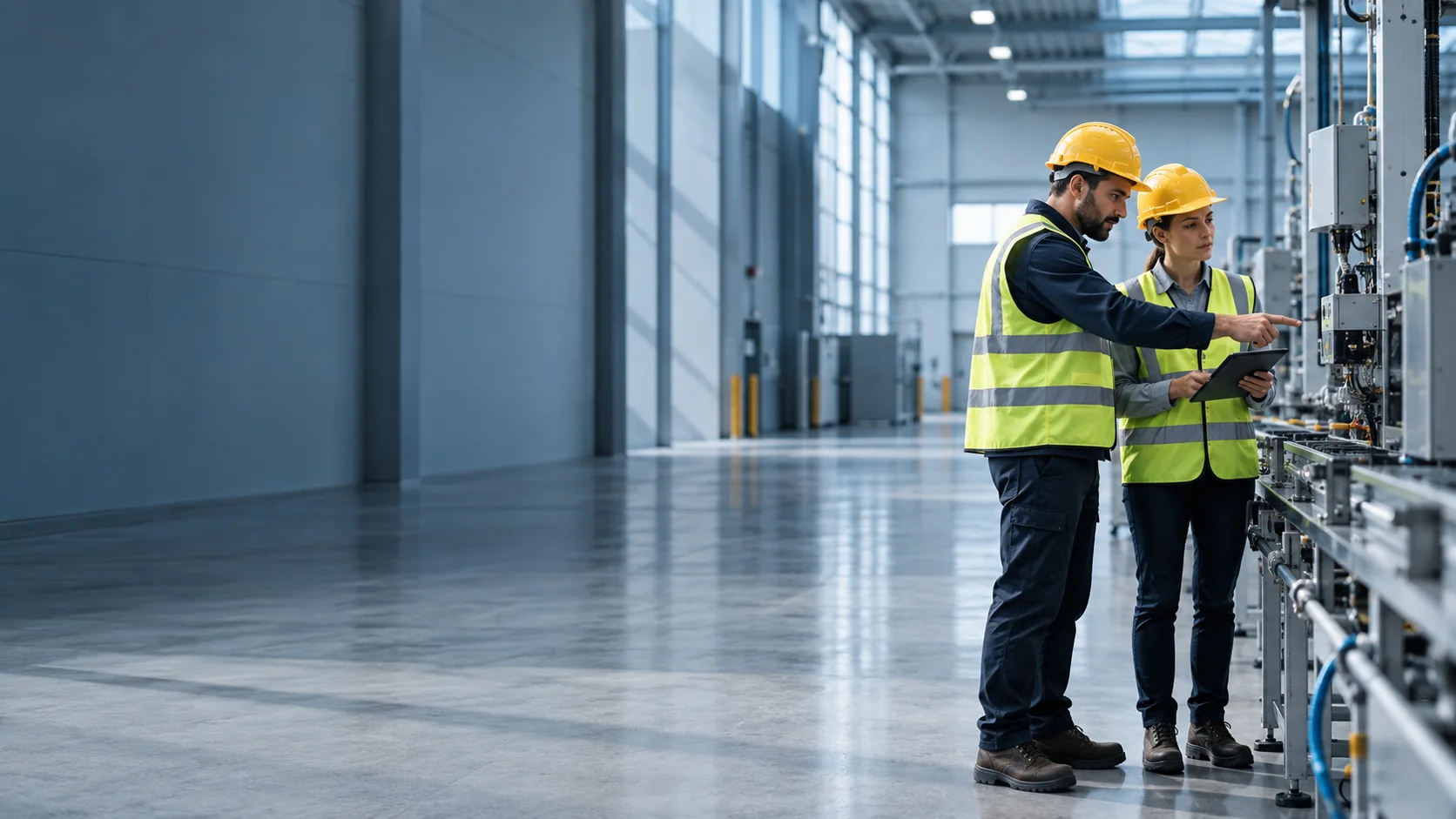 Dos trabajadores inspeccionando equipos en una instalación industrial.